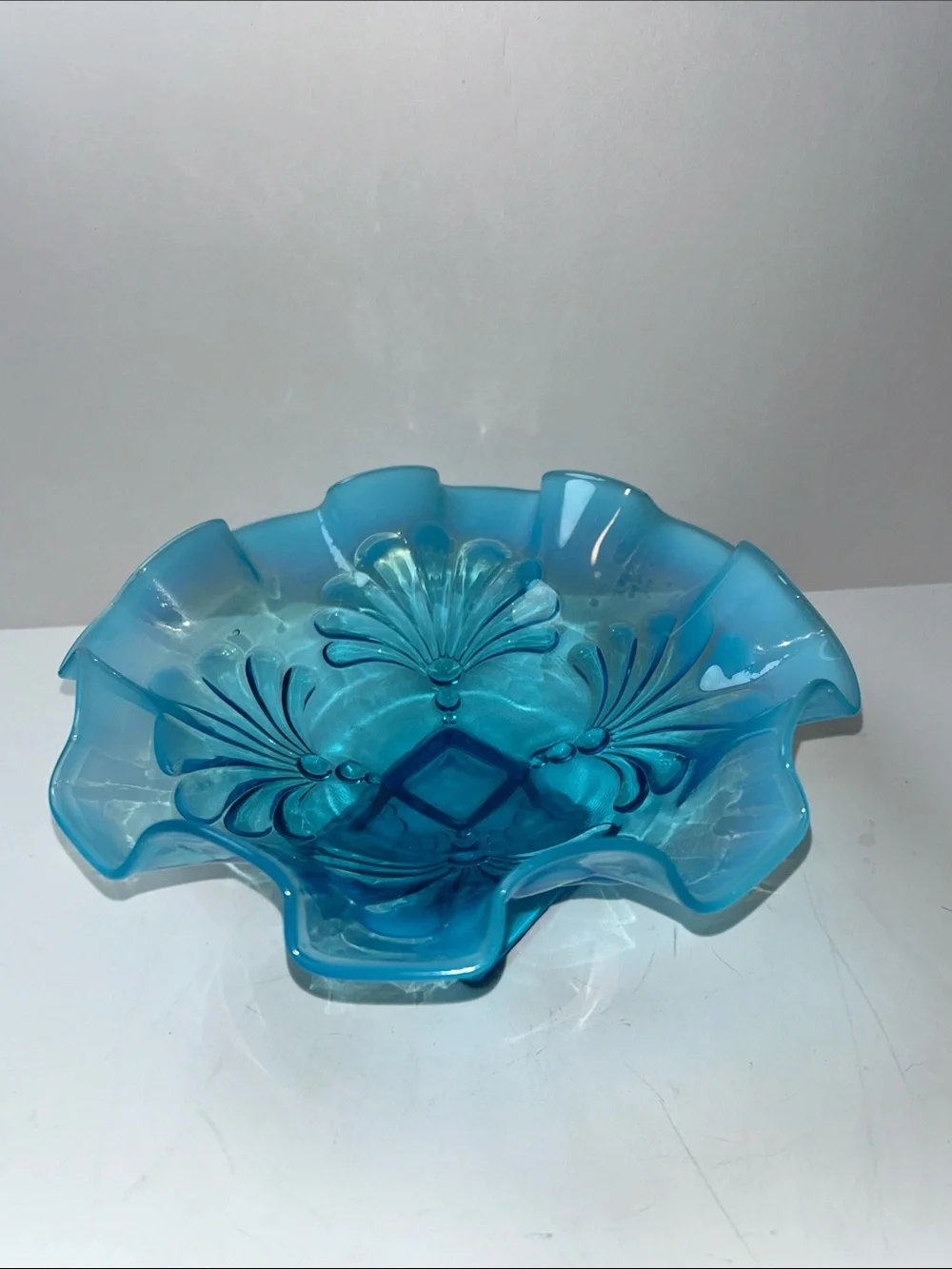 Jefferson Glass opalescent blue glass bowl ruffled edge intricate floral pattern